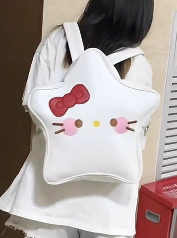 Beyprern back to school  Cute KITTY White Backpack, Star Shaped Design Leather Backpack for Women, Sanrio Kitty Kawaii Bag for Girls, Oversized Backpack