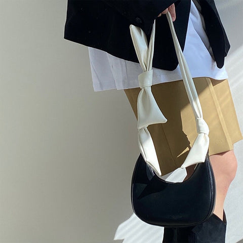 Beyprern back to school  Cute Black Vegan Leather Shoulder Bag, White Strap Bow Ribbon Decor Handbag, Minimalist Elegant Contrast Color Top Handle Bag, Crescent Bag