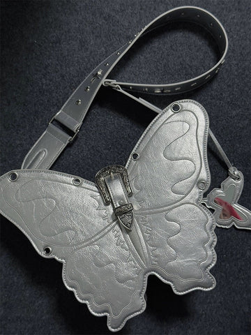 Beyprern back to school  Butterfly Silver Faux Leather 3in1 Cross-Body Bag Shoulder Bag Backpack Handbag