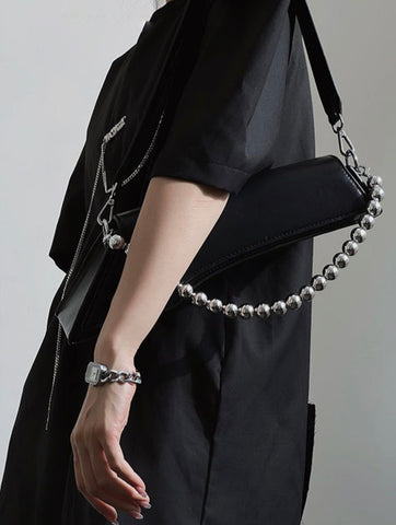 Beyprern back to school  Sophie Faux Leather Silver Pearls Chain Irregular Shape Handbag