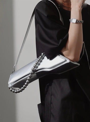 Beyprern back to school  Sophie Faux Leather Silver Pearls Chain Irregular Shape Handbag