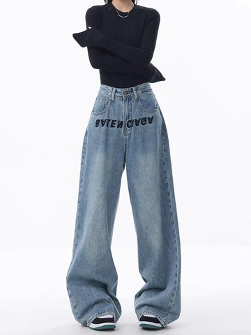 Beyprern Wide-leg Jeans Women's Autumn 2024 New Arrival Loose High Waist Dipping All-match Mop Pants Pocket Dark Blue Straight Pants