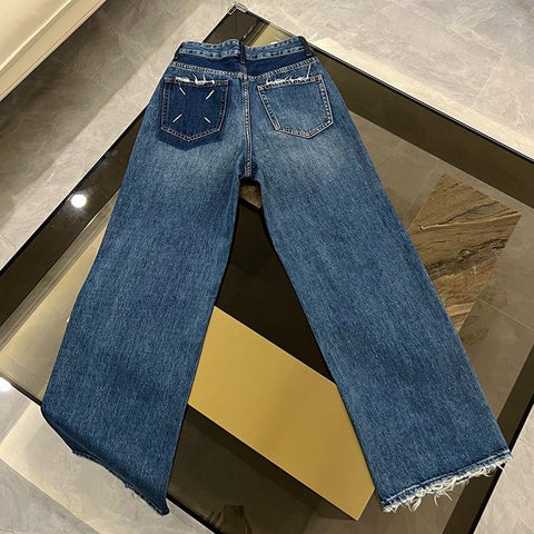 Beyprern Wide-leg Jeans Women's Autumn 2024 New Arrival Loose High Waist Dipping All-match Mop Pants Pocket Dark Blue Straight Pants