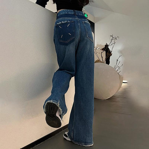 Beyprern Wide-leg Jeans Women's Autumn 2024 New Arrival Loose High Waist Dipping All-match Mop Pants Pocket Dark Blue Straight Pants