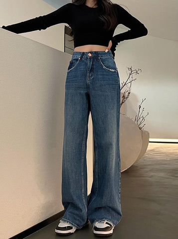 Beyprern Wide-leg Jeans Women's Autumn 2024 New Arrival Loose High Waist Dipping All-match Mop Pants Pocket Dark Blue Straight Pants