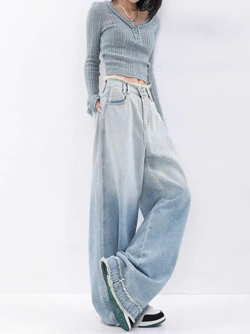 Beyprern Wide-leg Jeans Women's Autumn 2024 New Arrival Loose High Waist Dipping All-match Mop Pants Pocket Dark Blue Straight Pants