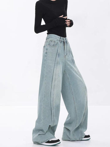 Beyprern Wide-leg Jeans Women's Autumn 2024 New Arrival Loose High Waist Dipping All-match Mop Pants Pocket Dark Blue Straight Pants