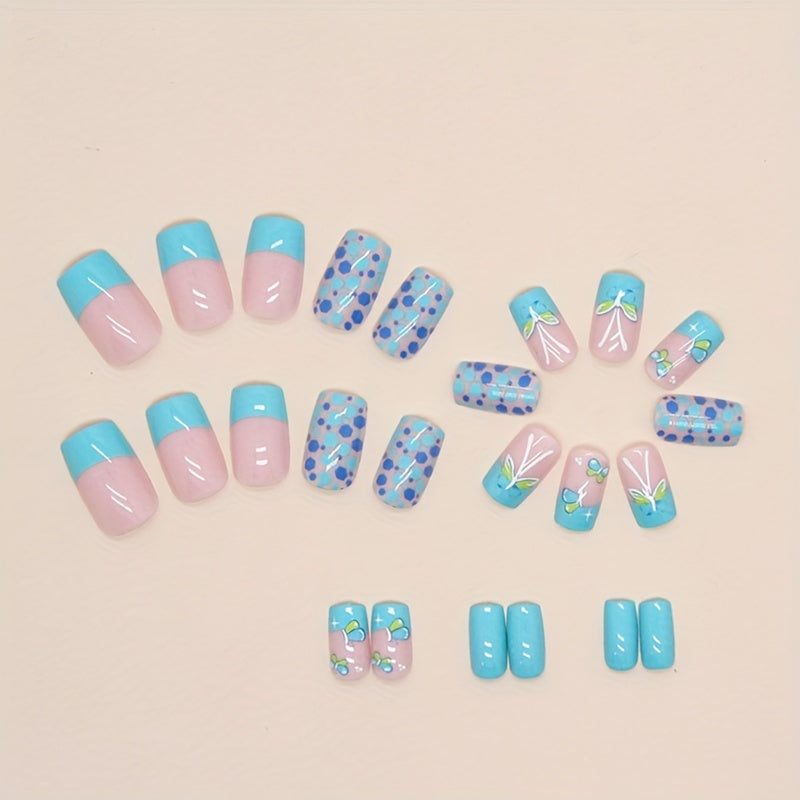 Beyprern - 24pcs Blue Green Butterfly Press On Nails Medium, Square Shape Fake Nails With Glitter Sequin Design, Glossy Full Cover Daily False Nails For Women And Girls