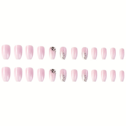 Beyprern - 24 Pcs Glossy Short Coffin Press On Nails Pink And White French Style False Nails With Rhinestone Reusable Fake Nails
