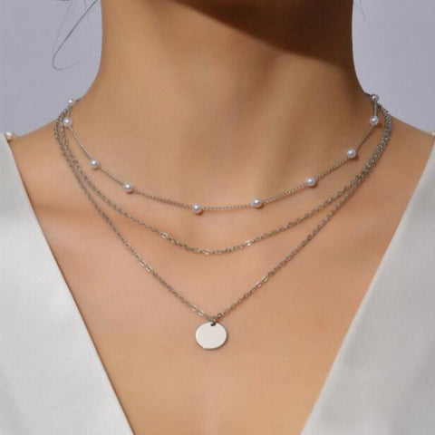 Beyprern Vintage Crystal Faux Pearl Pendant Necklace Clavicle Pearl Chain Layered Collar Necklace Pendant Jewelry