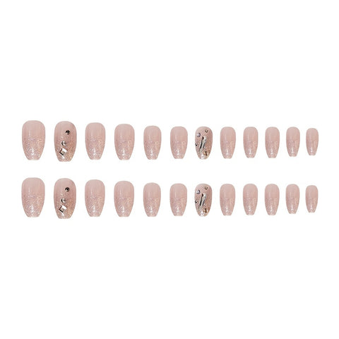 Beyprern - Press On Nails, Medium Square French False Nails With Shinny And Artificial Gem Design, Reusable Glossy Fake Nails For Women