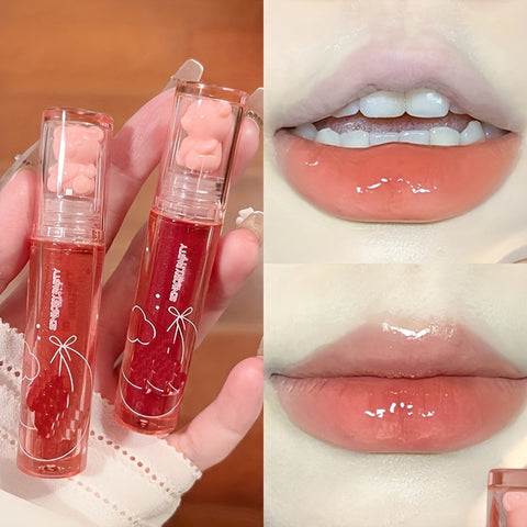 6 Color Lip Glaze, Cute Little Bear, Mirror Gloss, Jelly Lips With Sparkling Light Dew Water, Long-lasting Stain Resistant Transparent Film Forming Lip Gloss, Full Lip Color