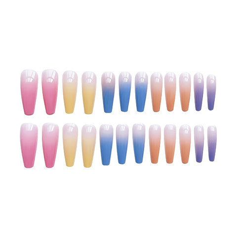 Beyprern - 24 pcs Rainbow Gradient Coffin Long Press On Nails - Glossy Acrylic Ballerina False Nails for Women and Girls