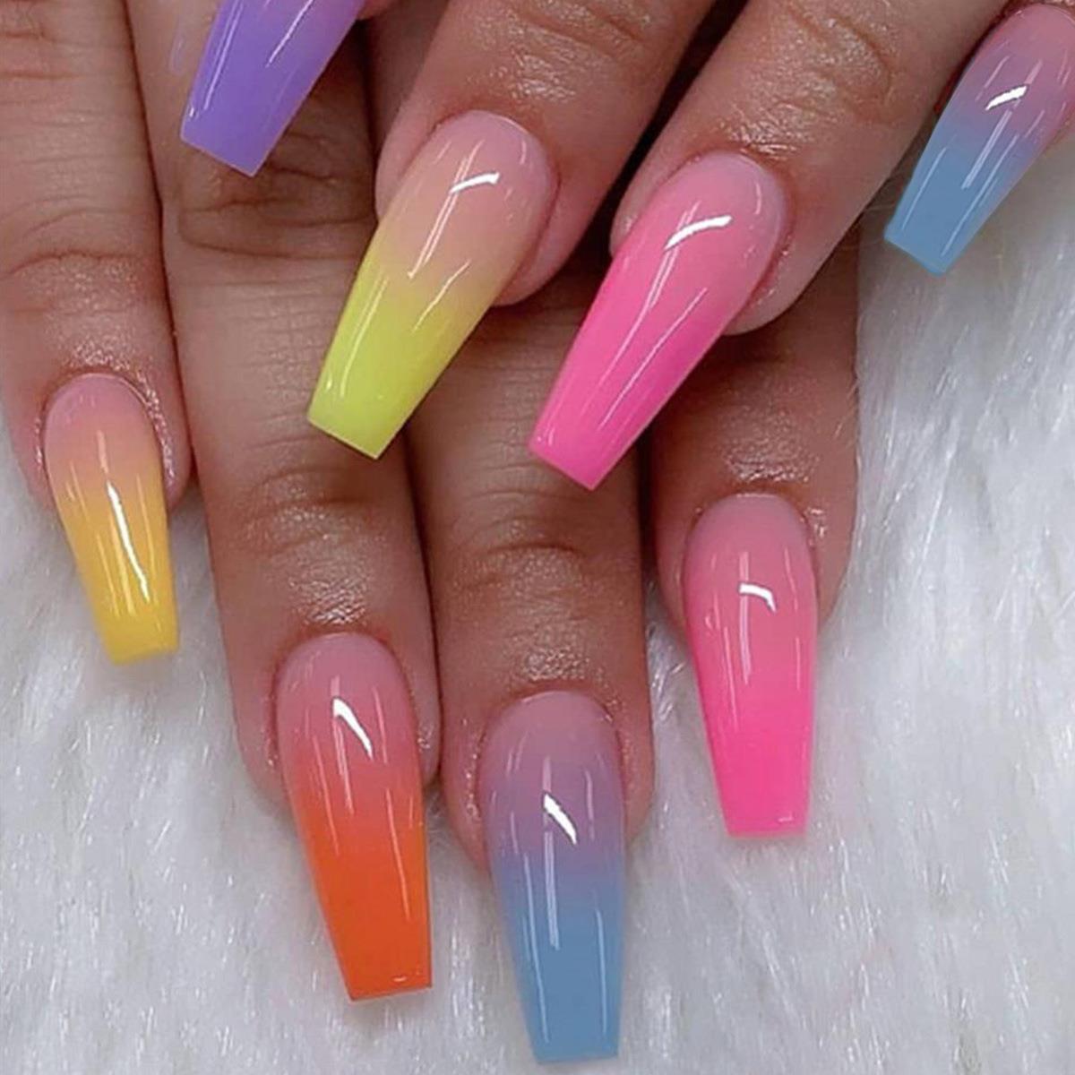 Beyprern - 24 pcs Rainbow Gradient Coffin Long Press On Nails - Glossy Acrylic Ballerina False Nails for Women and Girls