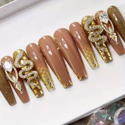 Beyprern - 24pcs Fall Winter Brown Fake Nails, 3D Snake Shape Rhinestone Press On Nails With Design, Golden Foil Glue On Nails, Full Cover Extra Long Coffin False Nails For Women And Girls