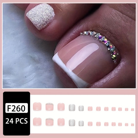 Beyprern - 24pcs White French Tip Press On Toenails, Short Square Fake Toenails With Silver Glitter And Rhinestone Design, Glossy Full Cover False Toenails For Women And Girls