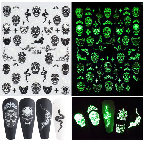 Beyprern Halloween 3D Nail Decals Cartoon Skull Bone Snake Spider Nail Art Stickers Fall Sliders Designs Decorations Manicure TRSTZ-CS051