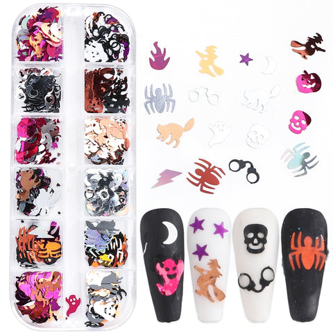 Beyprern Halloween Holographic Nail Sequins Spider Halloween Star Moon Laser Nail Art Glitter 3D Stickers Decorations Flakes Slices Manicure TRWSJ