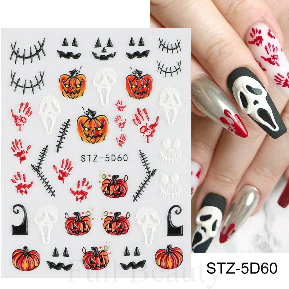 Beyprern Halloween 5D Nail Stickers Spider Web Scream Movie Face Skull Bones Pumpkin Nail Art Embossed Decals Sliders Manicure TRSTZ-5D