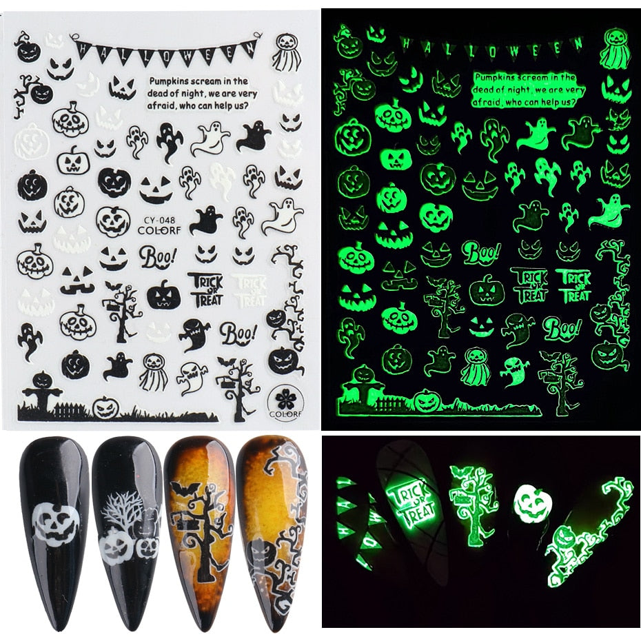 Beyprern Halloween 3D Glowing In Darking Nail Stickers Decals Halloween Spider Web Pumpkin Cat Nail Art Sliders Decorations Tattoo Manicure TRCY47