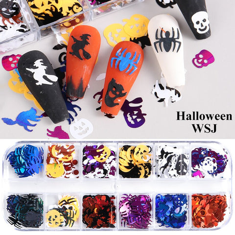 Beyprern Halloween Holographic Nail Sequins Spider Halloween Star Moon Laser Nail Art Glitter 3D Stickers Decorations Flakes Slices Manicure TRWSJ