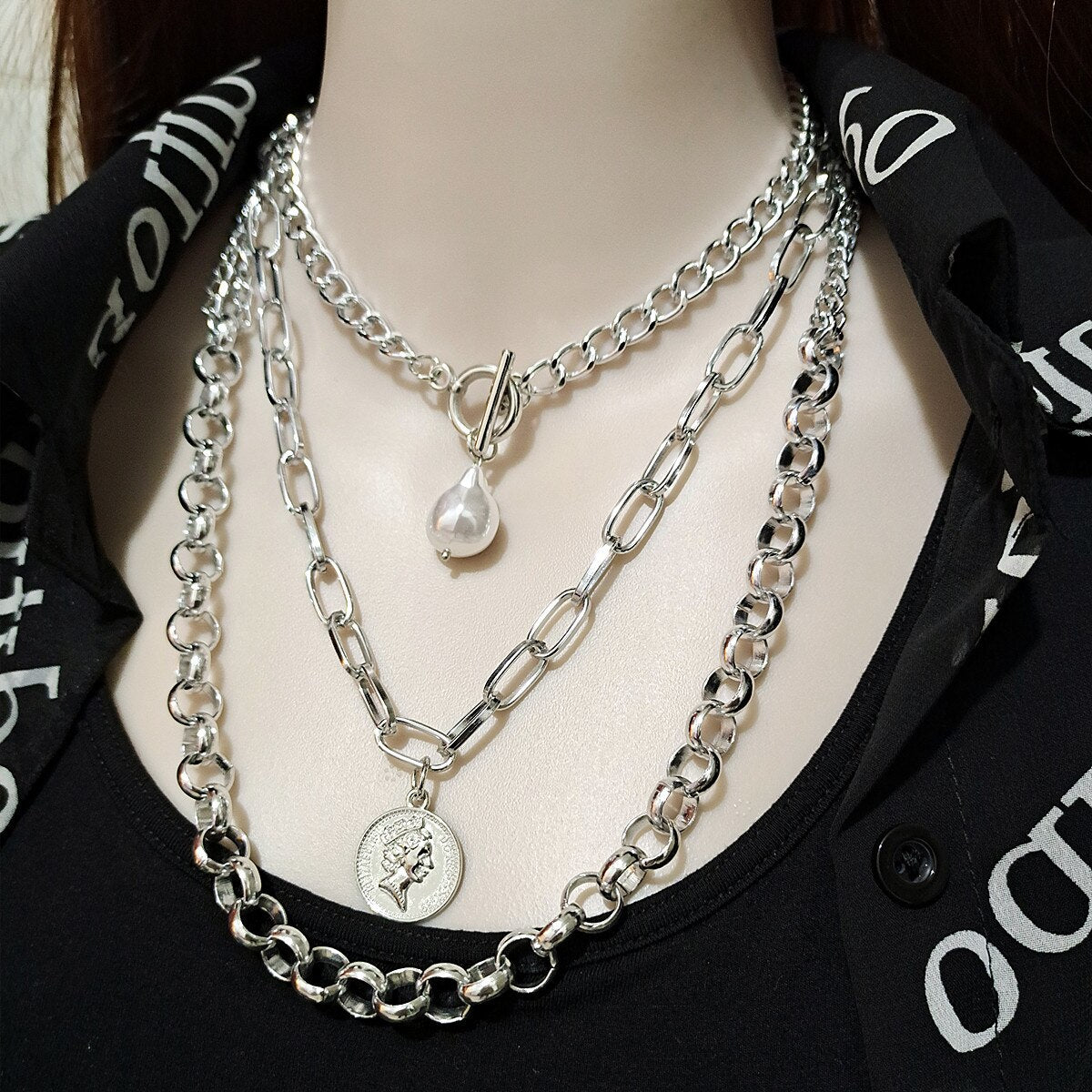 DIEZI Multilayer Baroque Pearl Chain Necklace Statement Party Gift Carved Coin Human Head Pendant Necklaces 2021 New Jewelry