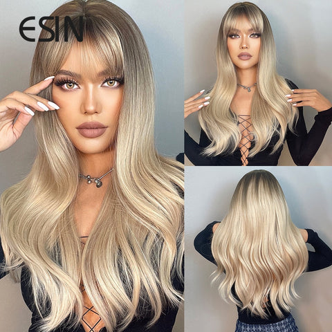 Black Friday Big Sales Synthetic Light Blonde Ombre To Platinum Long Body Wave Hair Wigs With Bangs For Women Cosplay Natural Heat Resistant