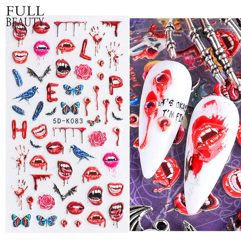 Beyprern Halloween 5D Red Bloody Halloween Embossed Decals Nail Stickers Scar Lips DIY Tattoo Party Decor Sliders Manicure Nail Design CH5D-K083