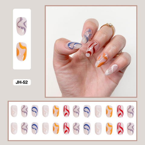 24Pcs/Set French Contracted Artistic Line Drip Shaped Short Wearable False Nails With Glue Manicure Art Tools Fake Nails