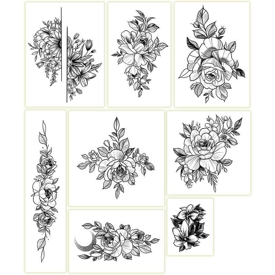 8PCS Black Flowers Temporary Tattoo Stickers For Arm Waist Ankle Sexy The sketch flowers Fake Tattos Flash Decals Tatoos