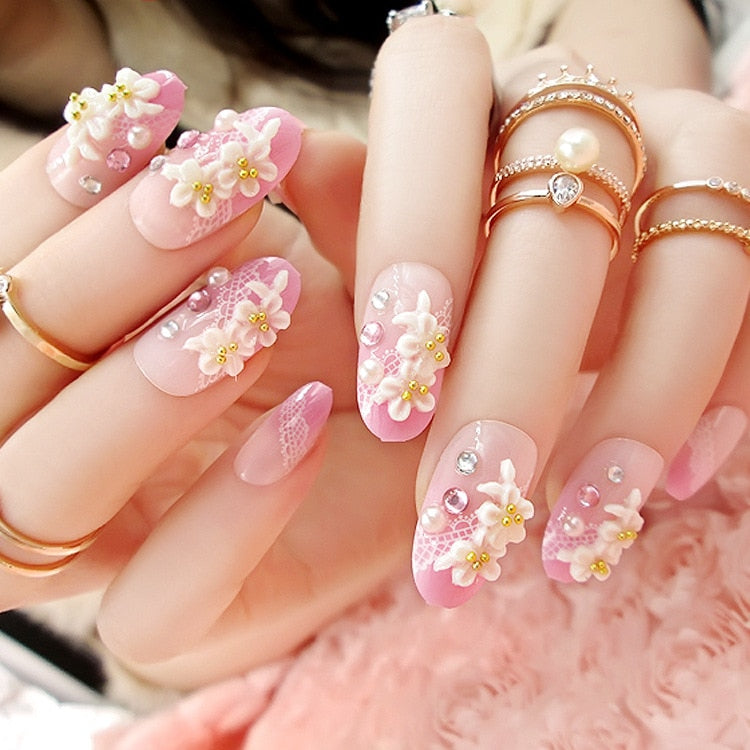 3D Flower Nail Art Fake Nails Pink Rhinestone Matte Ballet Tips Press on False with Glue Coffin Lattice Full Cover Artificial