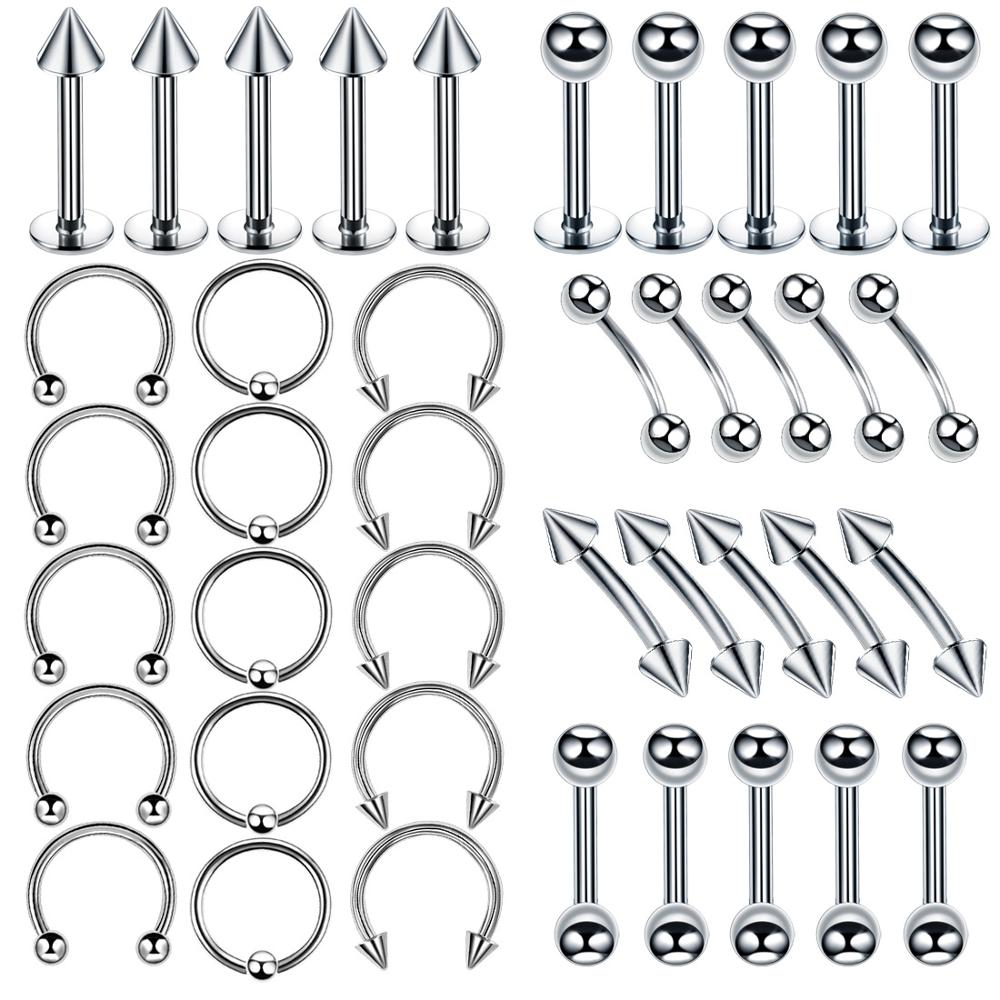 40PCS Surgical Steel Body Piercing Jewelry Lot Bulk Nose Ring Tongue Bar Lot Eyebrow Labret Piercing Set Horseshoe Ring Lot Pack