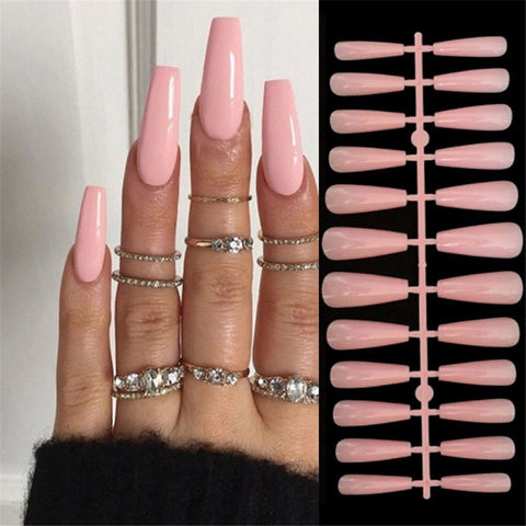 Beyprern 24Pcs Press On Acrylic Nails Ballerina False Nails Pink Love Heart Design Medium Long Fake Nails For Women Girls Free Shipping