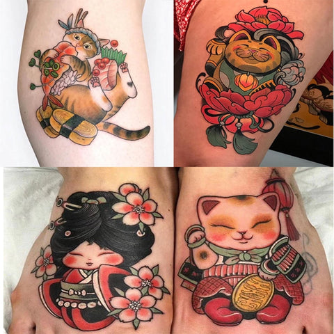 40PCS Cartoon Cat Fake Tattoo Stickers for Men Women Colorful Animal Temporary Tattos Arm Waist Body Art Waterproof Flash Tatoos