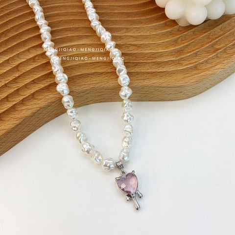 Korean Elegant Irregular Pearl Necklace For Women Girls Fashion Crystal Heart Pendent Colares Party Jewelry Gift