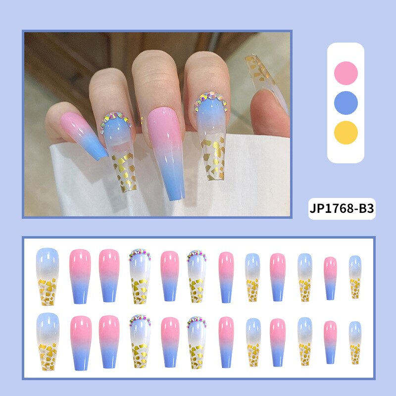 Thanksgiving Day Gifts Pastel Rainbow Ombre Fake Nails Set Press On Faux Ongles Extra Long With Rhinestone Designs