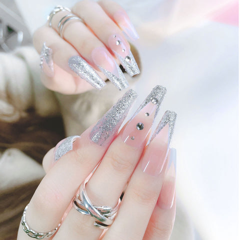 Easter  24pc Rhinestone Nail Press Ons Extra Long Coffin 3d Designed Fake Nails Jewel Luxury French Ballerina False Nail Tips Full Cover