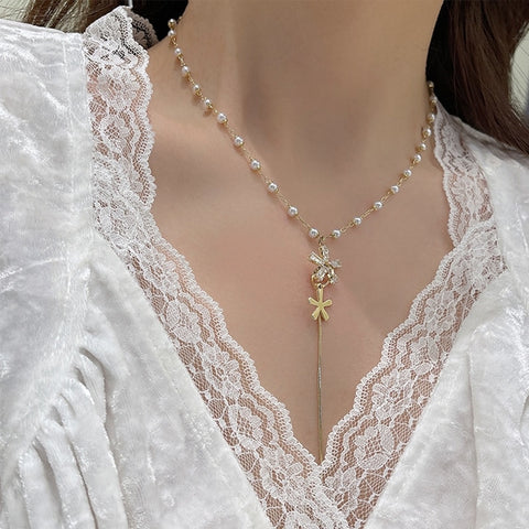 Korean Elegant Pearl Beads Necklace For Women Girls Fashion Zircon Flower Tassel Choker Party Jewelry Gifts