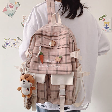 Large Capacity Korean Lovely Girl Backpack 2021 New Female Student Schoolbag Japanese Canvas Preppy Style Plaid Travel Bag Women