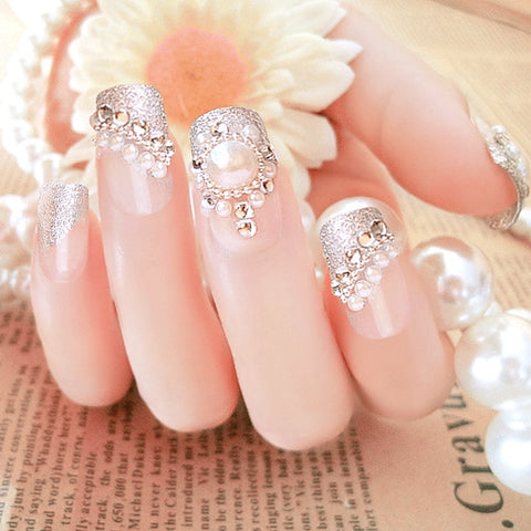 3D Flower Nail Art Fake Nails Pink Rhinestone Matte Ballet Tips Press on False with Glue Coffin Lattice Full Cover Artificial