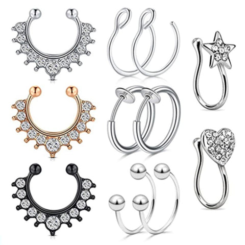 Stainless Steel Flower Fake Nose Ring Set Crystal Non Piercing Ear Cuff Cartilage Earring Clip On Fake Lip Labret Piercing Lot