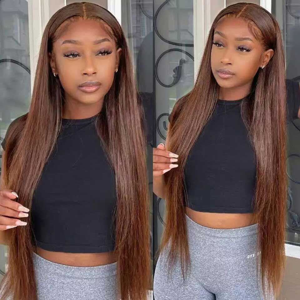 Beyprern Colored Chocolate Brown 30 32 34 36 Inch Straight Lace Front Wig #4 Transparent Lace Frontal Wigs Bone Straight Human Hair Wig