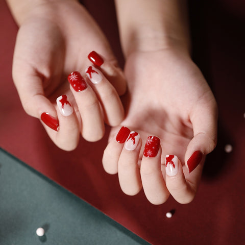 Christmas gifts Short Fake Nails Christmas Red Coffin Nails Reusable Stick-On-Nails Acrylic Full Cover Square False Nail Tips For Child Nail Art