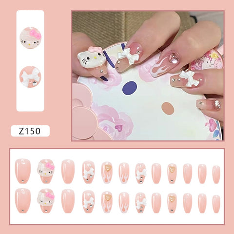 Pink False Nails With Glue Mouse Decal Detachable Medium Coffin French Ballerina Fake Nails Big Bow Full Cover Nail Tips
