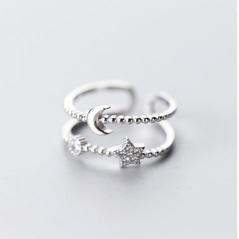 Retro Minimalist Opening Rings For Women Double Layer Moon Stars Cross Zircon Adjustable Finger Ring Girl Personality Jewelry