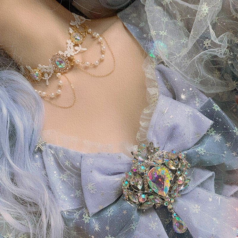 Korean Elegant Baroque Lace Flower Heart Crystal Choker Necklace For Women Girls Fashion Pearl Tassel Party Jewelry