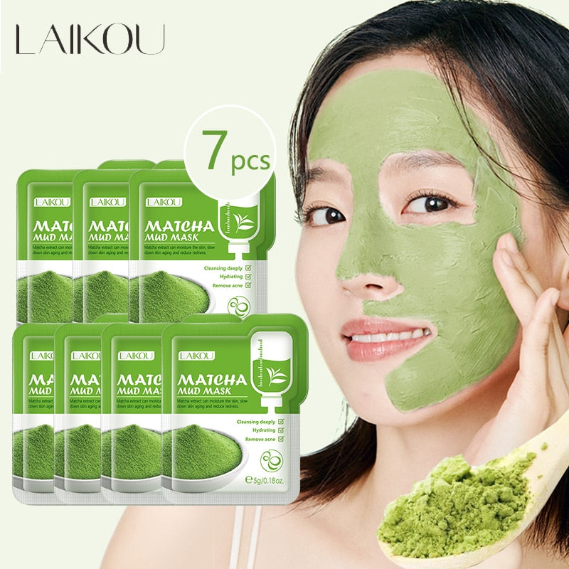 LAIKOU 7pcs Matcha Green Clay Mud Face Mask Anti wrinkle Night Facial Packs dark circle Moisturize Anti-Aging Mask for facecare
