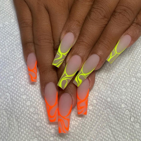 Easter  Long Coffin Fake Nails Mixed Orange Yellow Lines Fluorescent Manicure Removable False Nails with Glue Ballerina Nail Art Tips
