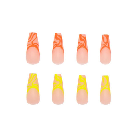 Easter  Long Coffin Fake Nails Mixed Orange Yellow Lines Fluorescent Manicure Removable False Nails with Glue Ballerina Nail Art Tips