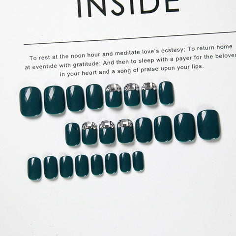 24pcs Navy Blue False Nails Full Cover Artificial Full Diamond Design 3D Fake Nails Short Nail Art Tip with Glue  press on